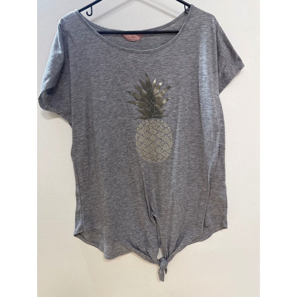 SJS Womens Gray Pineapple Graphic T-Shirt Metallic Gold Studded Tie Front Top L